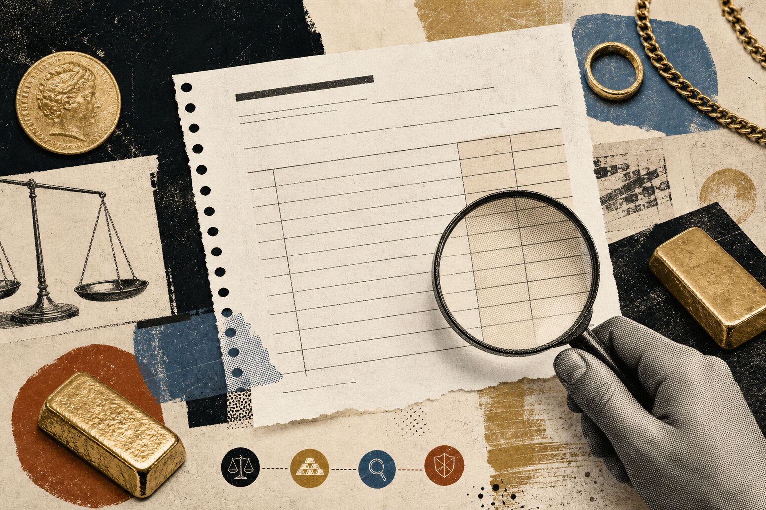 Abstract shop process visual for precious-metals transaction records.