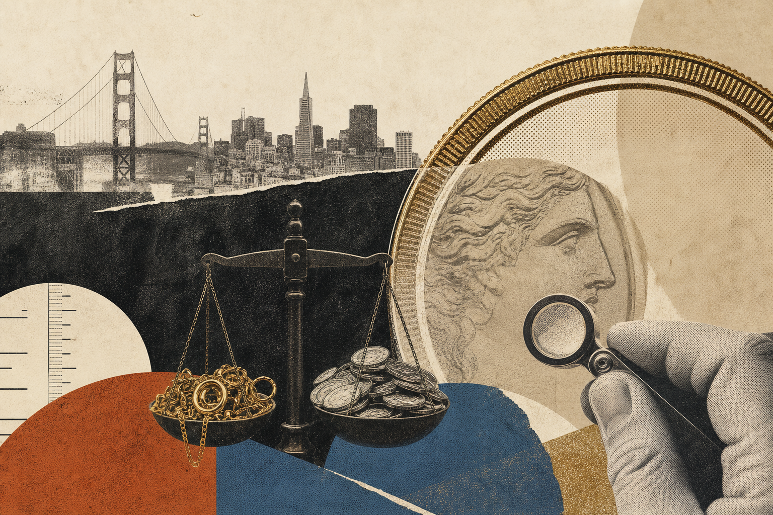 Process-focused abstract banner art for a San Francisco precious-metals article.