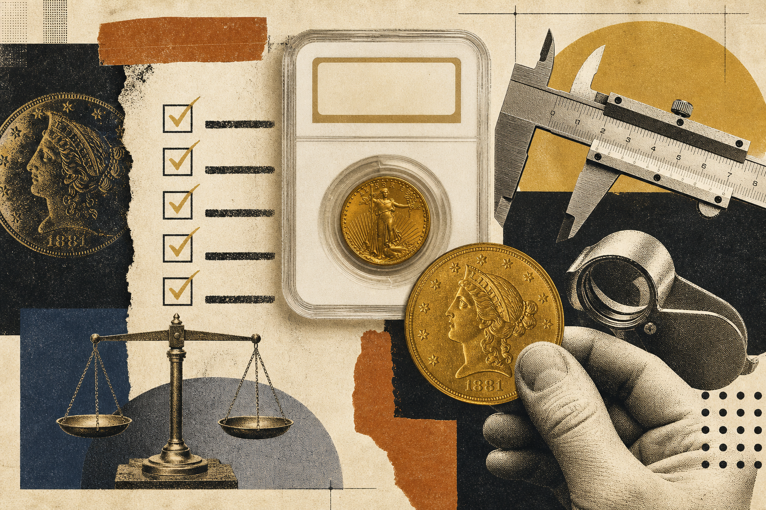 Archival-style educational image of coin authentication checklist elements.