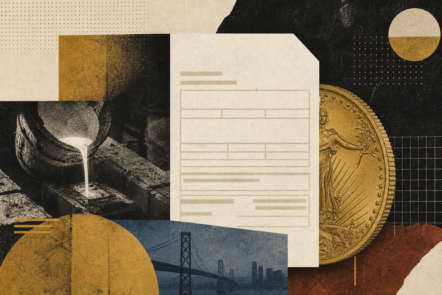 Abstract collage of a reporting form, coin detail, and paper textures in black, cream, and gold.