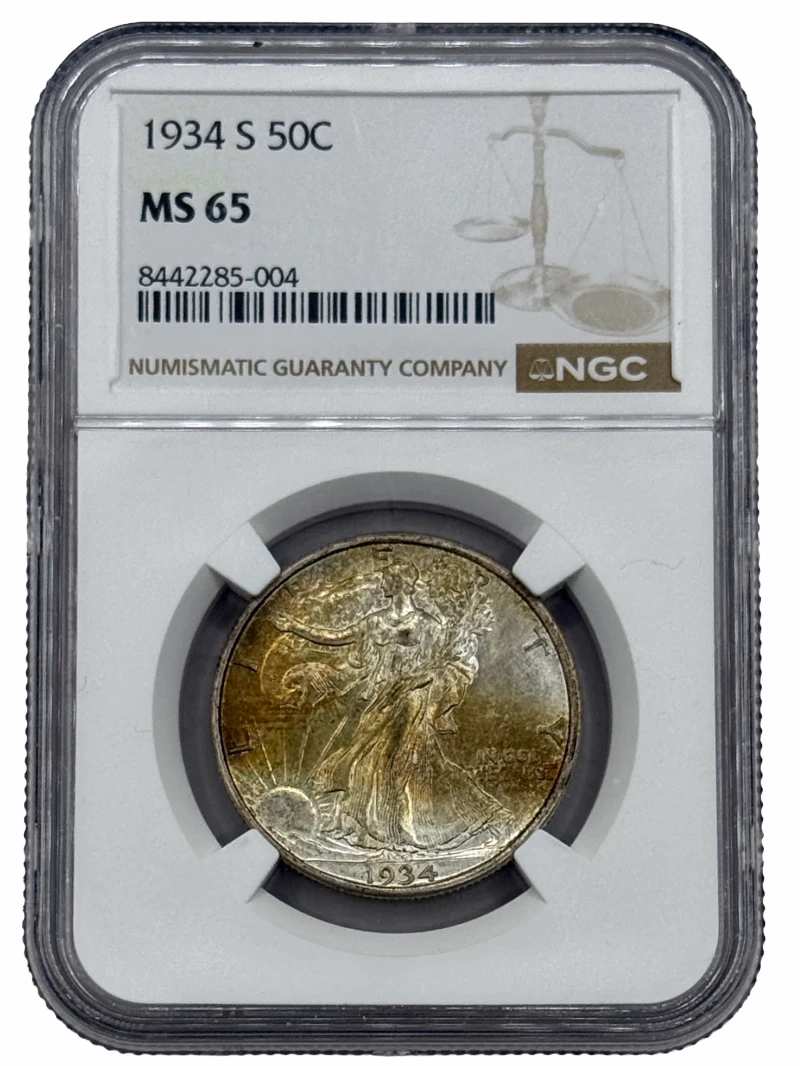 1934-S Walking Liberty Half Dollar 50c NGC MS65, San Francisco Mint silver coin with attractive toning.