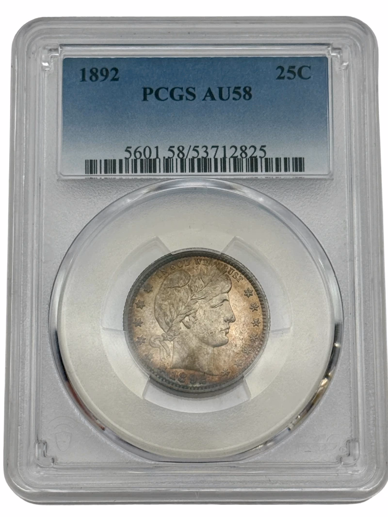 1892 Barber Quarter 25c PCGS AU58, early U.S. silver quarter with nice luster and attractive toning.