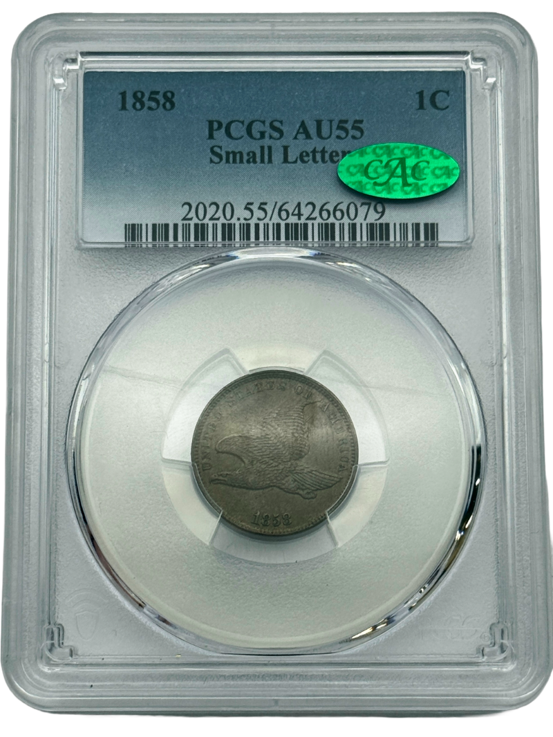 1858 Flying Eagle Cent Small Letters, PCGS AU55 CAC, obverse and reverse of certified U.S. coin.