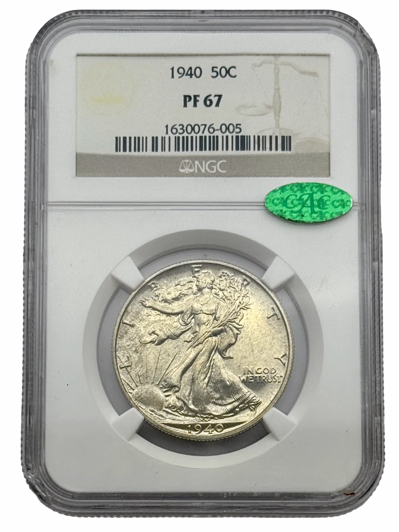1940 Walking Liberty Half Dollar 50c NGC PF67 Green CAC, original proof silver coin.