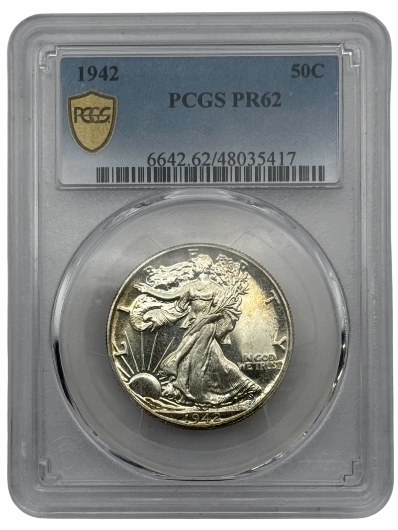 1942 Walking Liberty Half Dollar 50c PCGS PR62, proof U.S. silver coin.