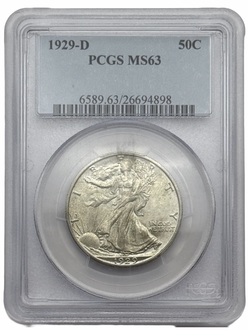 1929-D Walking Liberty Half Dollar 50c PCGS MS63, scarce Denver Mint silver coin in Mint State.