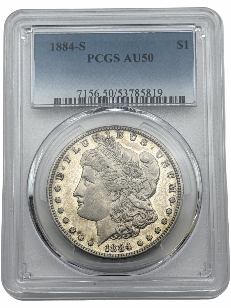 1884-S Morgan Silver Dollar $1 PCGS AU50, San Francisco Mint with pleasing original appearance.