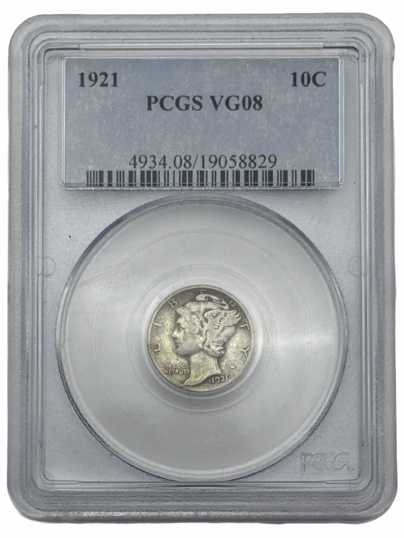 1921 Mercury Dime 10C PCGS VG08, key-date U.S. silver dime with original surfaces.