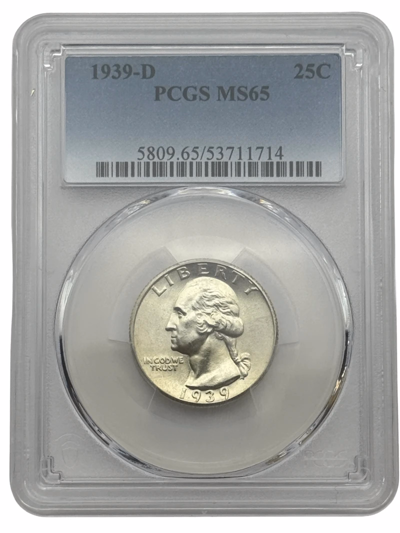 1939-D Washington Quarter 25c PCGS MS65, Denver Mint 90% silver U.S. quarter.