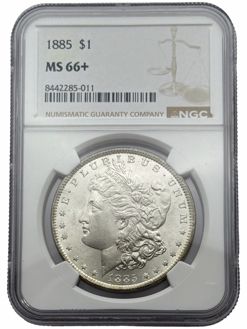 1885 Morgan Silver Dollar $1 NGC MS66+, premium Gem BU collector coin with exceptional luster.
