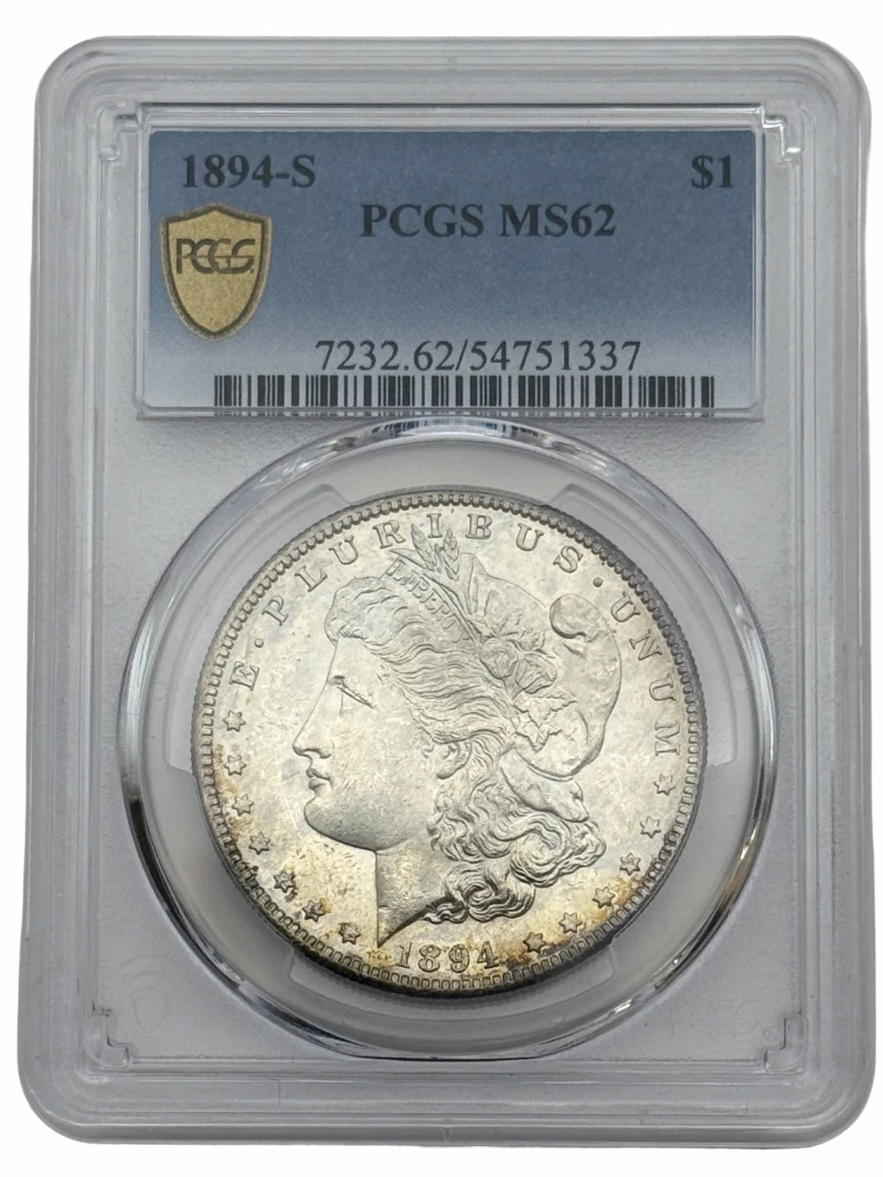 1894-S Morgan Silver Dollar $1 PCGS MS62, San Francisco Mint, good luster and uniquely toned reverse.